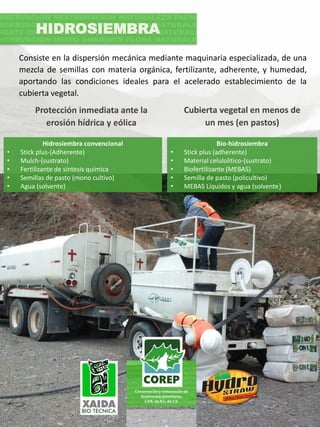 Bio-hidrosiembra
• Stick plus (adherente)
• Material celulolitico-(sustrato)
• Biofertilizante (MEBAS)
• Semilla de pasto (policultivo)
• MEBAS Líquidos y agua (solvente)
HIDROSIEMBRA
Hidrosiembra convencional
• Stick plus-(Adherente)
• Mulch-(sustrato)
• Fertilizante de síntesis química
• Semillas de pasto (mono cultivo)
• Agua (solvente)
Consiste en la dispersión mecánica mediante maquinaria especializada, de una
mezcla de semillas con materia orgánica, fertilizante, adherente, y humedad,
aportando las condiciones ideales para el acelerado establecimiento de la
cubierta vegetal.
Protección inmediata ante la
erosión hídrica y eólica
Cubierta vegetal en menos de
un mes (en pastos)
 