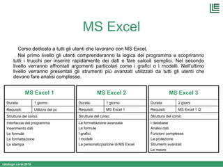MS Excel Corso dedicato a tutti gli utenti che lavorano con MS Excel. Nel primo livello gli utenti comprenderanno la logica del programma e scopriranno tutti i trucchi per inserire rapidamente dei dati e fare calcoli semplici. Nel secondo livello verranno affrontati argomenti particolari come i grafici o i modelli. Nell’ultimo livello verranno presentati gli strumenti più avanzati utilizzati da tutti gli utenti che devono fare analisi complesse. Interfaccia del programma Inserimento dati Le formule La formattazione  La stampa Struttura del corso: Utilizzo del pc  Requisiti: 1 giorno Durata: MS Excel 1 La formattazione avanzata Le formule I grafici I modelli La personalizzazione di MS Excel Struttura del corso: MS Excel 1  Requisiti: 1 giorno Durata: MS Excel 2 I database Analisi dati Funzioni complesse La protezione Strumenti avanzati Le macro Struttura del corso: MS Excel 1 /2 Requisiti: 2 giorni Durata: MS Excel 3 