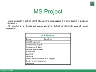 MS Project Corso dedicato a tutti gli utenti che devono organizzare il proprio lavoro e quello di collaboratori. Gli obiettivi e la durata del corso verranno definiti direttamente con gli utenti interessati. L’interfaccia di Project Il diagramma di Gantt Le barre degli strumenti Il calendario Le attività Le risorse Verifica dell’avanzamento di un progetto Gestire le sovrassegnazioni La stampa Possibili argomenti: Da definire Durata: MS Project   