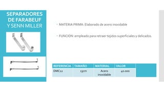 SEPARADORES
DE FARABEUF
YSENN MILLER  MATERIA PRIMA: Elaborado de acero inoxidable
 FUNCION :empleado para retraer tejidos superficiales y delicados.
REFERENCIA TAMAÑO MATERIAL VALOR
DMC12 13cm Acero
inoxidable
40.000
 
