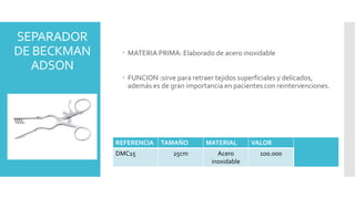 SEPARADOR
DE BECKMAN
ADSON
 MATERIA PRIMA: Elaborado de acero inoxidable
 FUNCION :sirve para retraer tejidos superficiales y delicados,
además es de gran importancia en pacientes con reintervenciones.
REFERENCIA TAMAÑO MATERIAL VALOR
DMC15 25cm Acero
inoxidable
100.000
 
