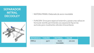 SEPARADOR
MITRAL
DECOOLEY
 MATERIA PRIMA: Elaborado de acero inoxidable
 FUNCION :Sirve para separa el esternón y posee unas valvas en
forma de restrillo permitiendo una separación fija en las
aurículas para visualizarlas válvulas intracardiacas
REFERENCIA TAMAÑO MATERIAL VALOR
DMC17 33cm Acero
inoxidable
200.000
 