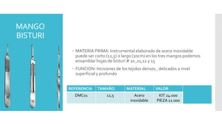 MANGO
BISTURI
 MATERIA PRIMA: Instrumental elaborado de acero inoxidable
puede ser corto (12,5) o largo (20cm) en los tres mangos podemos
ensamblar hojas de bisturí # 10 ,11,12 y 15
 FUNCION: Incisiones de los tejidos densos , delicados a nivel
superficial y profundo
REFERENCIA TAMAÑO MATERIAL VALOR
DMC01 12,5 Acero
inoxidable
KIT 24.000
PIEZA 12.000
 