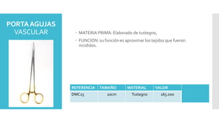 PORTAAGUJAS
VASCULAR  MATERIA PRIMA: Elaborado de tustegno,
 FUNCION :su función es aproximar los tejidos que fueron
incididos.
REFERENCIA TAMAÑO MATERIAL VALOR
DMC23 20cm Tustegno 165.000
 