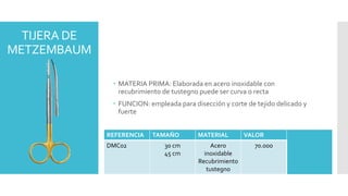 TIJERA DE
METZEMBAUM
 MATERIA PRIMA: Elaborada en acero inoxidable con
recubrimiento de tustegno puede ser curva o recta
 FUNCION: empleada para disección y corte de tejido delicado y
fuerte
REFERENCIA TAMAÑO MATERIAL VALOR
DMC02 30 cm
45 cm
Acero
inoxidable
Recubrimiento
tustegno
70.000
 