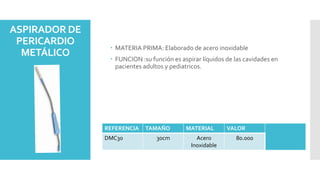 ASPIRADOR DE
PERICARDIO
METÁLICO
 MATERIA PRIMA: Elaborado de acero inoxidable
 FUNCION :su función es aspirar líquidos de las cavidades en
pacientes adultos y pediatricos.
REFERENCIA TAMAÑO MATERIAL VALOR
DMC30 30cm Acero
Inoxidable
80.000
 
