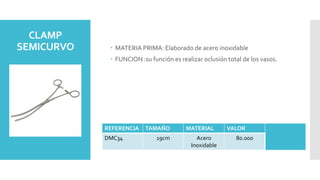 CLAMP
SEMICURVO  MATERIA PRIMA: Elaborado de acero inoxidable
 FUNCION :su función es realizar oclusión total de los vasos.
REFERENCIA TAMAÑO MATERIAL VALOR
DMC34 19cm Acero
Inoxidable
80.000
 