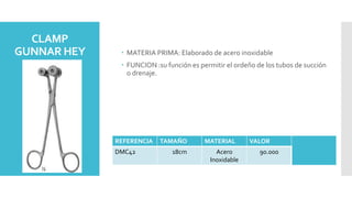 CLAMP
GUNNAR HEY  MATERIA PRIMA: Elaborado de acero inoxidable
 FUNCION :su función es permitir el ordeño de los tubos de succión
o drenaje.
REFERENCIA TAMAÑO MATERIAL VALOR
DMC42 18cm Acero
Inoxidable
90.000
 