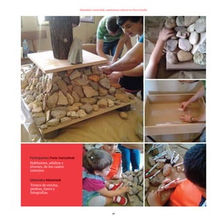 57
Identidad, creatividad y patrimonio cultural en Tierra Estella
Participantes
Habitantes, adultos y
jóvenes, de los cuatro
concejos.
Materiales
Tronco de encina,
piedras, tierra y
fotografías.
TEDER proyecto OK.e$S:Maquetación 1 09/11/15 12:34 Página 57
 