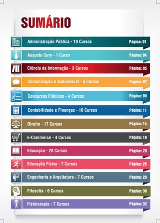 Administração Pública - 10 Cursos 
Augusto Cury - 1 Curso 
Ciência da Informação - 3 Cursos 
Comunicação e Audiovisual - 6 Cursos 
Contabilidade e Finanças - 10 Cursos 
Direito - 17 Cursos 
E-Commerce - 4 Cursos 
Educação - 28 Cursos 
Educação Física - 7 Cursos 
Engenharia e Arquitetura - 7 Cursos 
Filosofia - 6 Cursos 
Fisioterapia - 7 Cursos 
Página: 01 
SUMÁRIO 
Página: 04 
Página: 05 
Página: 07 
Concursos Públicos - 4 Cursos Página: 09 
Página: 11 
Página: 14 
Página: 18 
Página: 20 
Página: 26 
Página: 28 
Página: 30 
Página: 32 
 