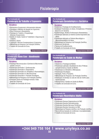 Fisioterapia 
Pós-Graduação em 
Fisioterapia do Trabalho e Ergonomia 
Disciplinas: Disciplinas: 
Pós-Graduação em 
Fisioterapia Gerontológica e Geriátrica 
Carga horária: 420 h/a Carga horária: 420 h/a 
Pós-Graduação em 
Fisioterapia Home Care - Atendimento 
Domiciliar 
Disciplinas: 
• Fisiologia Neuromuscular e Controle do Movimento 
(núcleo comum). 
• Fisioterapia Domiciliar I: Cardiovascular. 
• Fisioterapia Domiciliar II: Respiratória. 
• Fisioterapia Domiciliar III: Ortopédica e Reumatológica. 
• Fisioterapia Domiciliar IV: Neurofuncional. 
• Fisioterapia Domiciliar V: Paciente Oncológico. 
• Metodologia da Pesquisa e da Produção Científica. 
• Princípios Gerais da Fisiologia Humana: Visão 
Geral dos Sistemas. 
• Trabalho de Conclusão de Curso 
Pós-Graduação em 
Fisioterapia na Saúde da Mulher 
Disciplinas: 
Carga horária: 420 h/a Carga horária: 420 h/a 
Pós-Graduação em 
Fisioterapia Neurológica Adulta 
Disciplinas: 
• Fisioterapia Doenças Degenerativas do SNC. 
• Fisioterapia Doenças Desmielinizantes. 
• Fisioterapia Doenças Nervosas Periféricas. 
• Fisioterapia Doenças Vasculares do SNC. 
• Metodologia da Pesquisa científica e da Produção científica. 
• Neurociências baseada em evidências e neuroplasticidade. 
• Trabalho de Conclusão de Curso. 
Carga horária: 420 h/a 
• Biomecânica Ocupacional e Antropometria Aplicada. 
• Estratégias e Métodos de Atuação em Ergonomia. 
• Ética Profissional e Bioestatística. 
• Fisiologia do Trabalho e Fisiopatologia 
(Doenças Ocupacionais). 
• Gestão em Saúde, Saúde do Trabalhador e Segurança do 
Trabalho. 
• Ginástica Laboral. 
• Legislação e Normas Complementares à Ergonomia. 
• Metodologia da Pesquisa e da Produção Científica. 
• Trabalho de Conclusão de Curso. 
• Anatomia e Fisiologia do Envelhecimento. 
• Avaliação Fisioterápica no idoso, Emergências e Primeiros 
Socorros em Geriatria. 
• Epidemiologia, Bioética Profissional e Bioestatística. 
• Fisioterapia Aplicada ao Sistema Cardiorrespiratório do 
Idoso. 
• Fisioterapia Aplicada ao Sistema Neurológico e 
Musculoesquelético do Idoso. 
• Metodologia da Pesquisa e da Produção Científica. 
• Síndromes Geriátricas. 
• Teorias do Envelhecimento. 
• Trabalho de Conclusão de Curso. 
• Anatomia e Fisiologia da Mulher. 
• Fisioterapia aplicada à Qualidade de vida e Práticas 
complementares à Saúde da Mulher. 
• Fisioterapia no Climatério e Menopausa. 
• Fisioterapia Oncológica. 
• Gestação, Parto e Puerpério. 
• Metodologia da Pesquisa e da Produção Científica. 
• Patologias envolvidas no ciclo de vida da mulher para 
Fisioterapeutas. 
• Planejamento e Gestão em Saúde da Mulher. 
• Trabalho de Conclusão de Curso. 
+244 949 758 164 l www.unyleya.co.ao 
33 
 