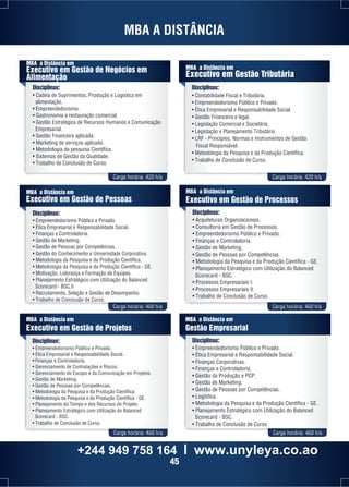MBA A DISTÂNCIA 
MBA a Distância em 
Executivo em Gestão de Negócios em 
Alimentação 
Disciplinas: 
Carga horária: 420 h/a Carga horária: 420 h/a 
MBA a Distância em 
Executivo em Gestão de Pessoas 
Disciplinas: 
• Empreendedorismo Público e Privado. 
• Ética Empresarial e Responsabilidade Social. 
• Finanças e Controladoria. 
• Gestão de Marketing. 
• Gestão de Pessoas por Competências. 
• Gestão do Conhecimento e Universidade Corporativa. 
• Metodologia da Pesquisa e da Produção Científica. 
• Metodologia da Pesquisa e da Produção Científica - GE. 
• Motivação, Liderança e Formação de Equipes. 
• Planejamento Estratégico com Utilização do Balanced 
Scorecard - BSC.h 
• Recrutamento, Seleção e Gestão de Desempenho. 
• Trabalho de Conclusão de Curso. 
MBA a Distância em 
Executivo em Gestão de Processos 
Disciplinas: 
• Arquiteturas Organizacionais. 
• Consultoria em Gestão de Processos. 
• Empreendedorismo Público e Privado. 
• Finanças e Controladoria. 
• Gestão de Marketing. 
• Gestão de Pessoas por Competências. 
• Metodologia da Pesquisa e da Produção Científica - GE. 
• Planejamento Estratégico com Utilização do Balanced 
Scorecard - BSC. 
• Processos Empresariais I. 
• Processos Empresariais II. 
• Trabalho de Conclusão de Curso. 
Carga horária: 460 h/a Carga horária: 460 h/a 
MBA a Distância em 
Executivo em Gestão de Projetos 
Disciplinas: 
• Empreendedorismo Público e Privado. 
• Ética Empresarial e Responsabilidade Social. 
• Finanças e Controladoria. 
• Gerenciamento de Contratações e Riscos. 
• Gerenciamento do Escopo e da Comunicação em Projetos. 
• Gestão de Marketing. 
• Gestão de Pessoas por Competências. 
• Metodologia da Pesquisa e da Produção Científica. 
• Metodologia da Pesquisa e da Produção Científica - GE. 
• Planejamento do Tempo e dos Recursos do Projeto. 
• Planejamento Estratégico com Utilização do Balanced 
Carga horária: 460 h/a Carga horária: 460 h/a 
Scorecard - BSC. 
• Trabalho de Conclusão de Curso. 
MBA a Distância em 
Gestão Empresarial 
Disciplinas: 
• Empreendedorismo Público e Privado. 
• Ética Empresarial e Responsabilidade Social. 
• Finanças Corporativas. 
• Finanças e Controladoria. 
• Gestão da Produção e PCP. 
• Gestão de Marketing. 
• Gestão de Pessoas por Competências. 
• Logística. 
• Metodologia da Pesquisa e da Produção Científica - GE. 
• Planejamento Estratégico com Utilização do Balanced 
Scorecard - BSC. 
• Trabalho de Conclusão de Curso 
Disciplinas: 
• Cadeia de Suprimentos, Produção e Logística em 
alimentação. 
• Empreendedorismo. 
• Gastronomia e restauração comercial. 
• Gestão Estratégica de Recursos Humanos e Comunicação 
Empresarial. 
• Gestão Financeira aplicada. 
• Marketing de serviços aplicado. 
• Metodologia da pesquisa Científica. 
• Sistemas de Gestão da Qualidade. 
• Trabalho de Conclusão de Curso. 
MBA a Distância em 
Executivo em Gestão Tributária 
• Contabilidade Fiscal e Tributária. 
• Empreendedorismo Público e Privado. 
• Ética Empresarial e Responsabilidade Social. 
• Gestão Financeira e legal. 
• Legislação Comercial e Societária. 
• Legislação e Planejamento Tributário. 
• LRF - Princípios, Normas e Instrumentos de Gestão 
Fiscal Responsável. 
• Metodologia da Pesquisa e da Produção Científica. 
• Trabalho de Conclusão de Curso. 
+244 949 758 164 l www.unyleya.co.ao 
45 
 