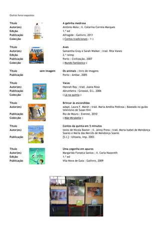 Outros livros expostos:

Título                                 A galinha medrosa
Autor(es)                              António Mota ; il. Catarina Correia Marques
Edição                                 1.ª ed
Publicação                             Alfragide : Gailivro, 2011
Colecção                               ( Contos tradicionais ; 1 )


Título                                 Aves
Autor(es)                              Samantha Gray e Sarah Walker ; trad. Rita Vanez
Edição                                 2.ª reimp
Publicação                             Porto : Civilização, 2007
Colecção                               ( Mundo fantástico )


Título                    sem imagem   Os animais : livro de imagens
Publicação                             Porto : Ambar, 2005


Título                                 Vacas
Autor(es)                              Hannah Ray ; trad. Joana Rosa
Publicação                             Abrunheira : Girassol, D.L. 2006
Colecção                               ( Lá na quinta )


Título                                 Brincar às escondidas
Autor(es)                              adapt. Laura F. Marsh ; trad. Maria Amélia Pedrosa ; Baseado no guião
                                       televisivo de Susan Kim
Publicação                             Rio de Mouro : Everest, 2010
Colecção                               ( Mãe Mirabelle )


Título                                 Contos da quinta em 5 minutos
Autor(es)                              texto de Nicola Baxter ; il. Jenny Press ; trad. Maria Isabel de Mendonça
                                       Soares e Maria das Mercês de Mendonça Soares
Publicação                             [S.l.] : Ulisseia, imp. 2003



Título                                 Uma cegonha em apuros
Autor(es)                              Margarida Fonseca Santos ; il. Carla Nazareth
Edição                                 1.ª ed
Publicação                             Vila Nova de Gaia : Gailivro, 2009
 