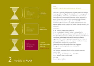 Curso

MODELO DO PILAR: Catalizadores da eficiência
IDEIA
PLANEAMENTO
EXECUÇÃO

1ª tentativa
RASCUNHO

IDEIA
PLANEAMENTO
EXECUÇÃO

2ª tentativa
DEPURAÇÃO

IDEIA
PLANEAMENTO
EXECUÇÃO

3ª tentativa
IMPLEMENTAÇÃO
EFECTIVA
PROJECTO FINAL

modelo do PILAR

A área das TIC tem como principal desafio a inovação dos processos organizacionais a partir das tecnologias de informação. Pretende-se uma organização de
serviços partilhados, promovendo o desenvolvimento de novas transações.
Através do desenvolvimento e implementação de sistemas informáticos de
apoio à decisão visa-se otimizar decisões, maximizando a sua eficiência e
eficácia. O sistema informático de apoio à decisão B.A.R.T.
(BestAllocationofResourcesand Time) é um exemplo de uma ferramenta duma
aplicação cabal do conceito de gestão e das tomadas de decisão inerentes à área
operacional .
CONTEÚDOS

As TIC ao serviço da inovação na organização;
As TIC e a otimização da tomada de decisão: o sistema B.A.R.T.;
O sucesso da minha organização: ferramentas de Gestão de dados (Análise de
dados; Análise de hipóteses; Simulação de dados;Tabelas dinâmicas/gráficos dinâmicos);
Apresentação da informação em ferramentas Web: benefícios para a
organização (Prezi – criação de apresentações dinâmicas; CmapTools – criação de
mapas conceptuais; Del.ici.us -serviçoon-line que permite ao utilizador adicionar e
pesquisar bookmarks (favoritos) sobre qualquer assunto);
Vantagens da utilização de sistemas Cloud na sua organização;
Desempenho da minha organização: como utilizar as TIC?
CATALIZADORES

TIC; Estratégia; Resistência; Sucesso; Processo de tomada de decisão.
Duração 8 horas
Local e Data Braga – 23.03.2013 / Lisboa – 02.04.2013
Horário 09h00 às 12h30 e 14h30 às 18h30
Preço 140€
Formador Carmen Caldeira

 