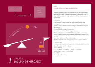 Curso
LACUNA DE MERCADO

SUCESSO

MODELO DA LACUNA DE MERCADO

- Eficácia
- Prestígio
- Notoriedade
NOVO NEGÓCIO

Temos de encontrar um nicho, um segmento que tem sido negligenciado e
ainda não está ocupado. Procurar a oportunidade na adversidade. Com
criatividade e inovação, uma pequena lacuna é suficiente para alcançar a sua
oportunidade.
CONTEÚDOS

Como potenciar o capital humano das empresas na geração de novas
estratégias;
Identificar eixos de desenvolvimento estratégico e sustentado dos negócios
das empresas;
Os eixos: Eficácia; Prestígio e Notoriedade;
Como aumentar a notoriedade e a imagem de marca;
Avaliar a performance e a rentabilidade de novos produtos e/ou serviços;
Modelo de negócio arrasa-categorias: inovar em processos e produtos e/ou
serviços;
Saber tomar decisões com base em informação;
Perceber o papel das novas tecnologias no processo de geração de ideias.
CATALIZADORES

Eficácia; Prestígio; Notoriedade; Empreendedorismo e Inovação;Gestão dos
riscos; Processo de tomada de decisão.
Duração 14 horas
Local e Data Braga – 2 e 3.04.2013 / Lisboa – 9 e 10.4.2013
Horário 09h30 às 13h00 e 14h30 às 18h00
Preço 250€
Formador Jorge Remondes

modelo
LACUNA DE MERCADO

 