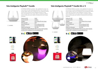www.dbtrends.com.br | +55 19 3859.1611
Vela Inteligente Playbulb™ Candle Vela Inteligente Playbulb™ Candle Kit c/ 3
11
A PLAYBULB CANDLE é a primeira ‘’vela’’ inteligente do mundo. Um
novo conceito em velas reinventado pela MiPow. Com a Candle você
acende, apaga e alterna até 10 milhões de cores, 04 diferentes efeitos
visuais tudo isso através do APP PLAYBULB X (Gratuito na App
Store e Google Play) em seu celular, tablet ou smartphone. Também
possui a função grupo para trabalhar simultâneamente até 05 peças
agrupadas.
A PLAYBULB CANDLE é a primeira ‘’vela’’ inteligente do mundo. Um
novo conceito em velas reinventado pela MiPow. Com a Candle você
acende, apaga e alterna até 10 milhões de cores, 04 diferentes efeitos
visuais tudo isso através do APP PLAYBULB X ( Gratuito na App
Store e Google Play) em seu celular, tablet ou smartphone. Também
possui a função grupo para trabalhar simultâneamente até 05 peças
agrupadas.
Potência do LED		 30mW
Corrente de LED		 15-20mA
Voltagem		 4.5V (3 pilhas AA não inclusas)
Perfil suportado		 GATT
Versão do Bluetooth		 4.0 com Bluetooth Smart
Controle		 Controle Playbulb X App
Distância de Operação		 10m (33ft)
Compatível com iPhone 4S acima, iPad 3 ou acima, iPod 5ª geração
ou acima, IOS 7 e Android 4.3 ou acima (bluetooth 4.0)
Potência do LED		 30mW
Corrente de LED		 15-20mA
Voltagem		 4.5V (3 pilhas AA não inclusas)
Perfil suportado		 GATT
Versão do Bluetooth		 4.0 com Bluetooth Smart
Controle		 Controle Playbulb X App
Distância de Operação		 10m (33ft)
Compatível com iPhone 4S acima, iPad 3 ou acima, iPod 5ª geração
ou acima, IOS 7 e Android 4.3 ou acima (bluetooth 4.0)
BLUETOOTH BLUETOOTH
# 010210
# 010210
 