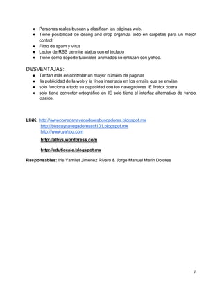 ● Personas reales buscan y clasifican las páginas web.
● Tiene posibilidad de deang and drop organiza todo en carpetas para un mejor
control
● Filtro de spam y virus
● Lector de RSS permite atajos con el teclado
● Tiene como soporte tutoriales animados se enlazan con yahoo.

DESVENTAJAS:
● Tardan más en controlar un mayor número de páginas
● la publicidad de la web y la línea insertada en los emails que se envían
● solo funciona a todo su capacidad con los navegadores IE firefox opera
● solo tiene corrector ortográfico en IE solo tiene el interfaz alternativo de yahoo
clásico.

LINK: http://wwwcorreosnavegadoresbuscadores.blogspot.mx
http://buscaynavegadoresscf101.blogspot.mx
http://www.yahoo.com
http://albys.wordpress.com
http://eduticcaie.blogspot.mx
Responsables: Iris Yamilet Jimenez Rivero & Jorge Manuel Marin Dolores

7

 