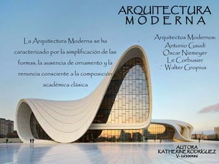Arquitectos Modernos:
Antonio Gaudí
Oscar Niemeyer
Le Corbusier
Walter Gropius
La Arquitectura Moderna se ha
caracterizado por la simplificación de las
formas, la ausencia de ornamento y la
renuncia consciente a la composición
académica clásica
 