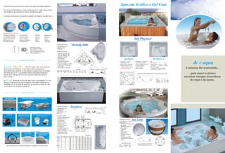 Características do exclusivo sistema de hidromassagem Albacete
                                                                                                                                                                                                                                         Spas em Acrílico e Gel Coat
Os nossos bocais produzem a exata combinação de ar e água. São os únicos
intercambiáves que aumentam as opções de hidromassagem.

Facilmente desmontáveis internamente garantem uma higiene absoluta. (fig. 1)




(EXCLUSIVIDADE ALBACETE)
Turbojato massageador           Jato Direcional                 Mini jato            Minijato de ar
Com habilidade de pulsar.       Controle de fluxo e             Jatos de             Air Blower :
Imagine a sensação dos
dedo mágicos de um
                                direção. Girando,
                                aumenta ou diminui a
                                                                água para
                                                                efeitos
                                                                                     produz
                                                                                     borbulhas.
                                                                                                                                                                                                                                                                        Spa Playazzo
                                                                                                                                                                                                                                                                              ACRÍLICO E GEL COAT
mestre da massagem.             intesidade do jato.             relaxante            (Para Spas)

                                                                                                      Componentes de linha
                                                                                                      1 Motobomba 3/4 HP
                                                                                                                                      Marbella 6000         GEL COAT
                                                       Parte interna do jato                          5 Jatos direcionais
                                                       intercambiável. Permite                        1 Turbo jato
                                                       tornar o jato direcional ou
                                                       turbo massageador de acordo                    Acessórios opcionais
                                           (fig. 1)    com sua preferência.                           * Aquecedor 2003 3kw-110v
                                                                                                      * Aquecedor 2005 5kw-220v                             C
                                                                                                      * Aquecedor 2008 8kw-220v
                                                                                                                                                                             E
                                                                                                      * Iluminação colorida
                                                                                                       (cromoterapia)
                                                                                                      * Apoio de cabeça                                                D                                                                        Spa Playazo                                                         Spa Playazo G
                              Acabamentos de superfície
                                                                                                      * Interruptor pneumático                                                                                                       * Capacidade : 7 pessoas           * 30 Mini jatos * Ozonizador        * Bar
                                                                                                                                            F
                                                                                                        (branco e cromado)                                                                                                           * 2 Motobombas 1 HP                * 3 hidro jatos direcionais         * Porta copos: 2       P.         P G.
                                                                                                                                                                                                                                                                                                                                               .




                                                                                                                                                                                                         30
                                                                                                      * Controle de nível (110v / 220v)




                                                                                                                                                                                                      0x
                                                                                                                                                                                                                                     * Aquecedor, filtro e ozonizador   * Skimmer: Equipado com filtro-     * Volume de água: 1.500 L       1.700L.




                                                                                                                                                                                                    a5
                                                                                                      * Controle de entrada de água




                                                                                                                                                                                                 sit
                                                                                                                                                                             Aba                                                     * Air Blower (24 jatos de ar)        cartucho de poliéster             * Peso cheia:       1.950 Kg 2.200 Kg




                                                                                                                                                                                               Vi
                                                                                                        (110v / 220v)
                                    R



a) ACRÍLICO                       : Albacete elegeu Lucite como superfície                                                                                                                                                           * 7 Turbo jatos massageadores      * Aquecedor elétrico                * Painel de comando

acrílica para suas banheiras. É uma matéria-prima especialmente
                                                                                                      * Kit mini jatos (6mini jatos)
                                                                                                                                           Dimensões
                                                                                                                                                                                                                 A
                                                                                                                                                                                                                             0,035     (Exclusividade Albacete)         * Apoio de cabeça: 4                * Iluminação colorida (cromoterapia).
                                                                                                                                                                                                                                                                                                            * Acabamento em madeira e banco
                                                                                                                                                                                                                                                                                                                                                         A natureza lhe acariciando...
desenvolvida para satisfazer as mais rigorosas exigências que um produto                               Mod. Jatos Cap. (lt) HP    A    B     C    D    E    F                           B                              0,50
                                                                                                                                                                                                                                                       A
                                                                                                       A-6    6     300     3/4 2,275 0,54 1,625 1,22 0,92 0,38
para banho possa ter. A sua banheira manterá incomparável aparência
durante anos. Tudo que você precisa é um pano úmido para mantê-la
                                                                                                                                                                                                                            0,13
                                                                                                                                                                                                                                                                              O Spa Playazo também pode funcionar com aquecimento a gás ou solar.           ...para vencer o stress e
limpa e bonita.                                                                                                                                                                                                                                                                                                                                         encontrar energias renovadoras
                                                                                                                                                                                                                                     B                                       C

b) GEL COAT: (Reforçado em fibra de vidro) Beleza e durabilidade. Gel Coat
                                                                                                                                                                                                                                                                                                                          Mod.
                                                                                                                                                                                                                                                                                                                          Playazo
                                                                                                                                                                                                                                                                                                                                     A
                                                                                                                                                                                                                                                                                                                                    2,4
                                                                                                                                                                                                                                                                                                                                            B
                                                                                                                                                                                                                                                                                                                                           2,2
                                                                                                                                                                                                                                                                                                                                                  C
                                                                                                                                                                                                                                                                                                                                                 0,93         do corpo e da mente.
                                                                                                                                                                                                                                                                                                                          Playazo G 2,6    2,2   0,93
Albacete é feito à base de resina de poliester. Tem melhor rendimento na
estabilidade de cor, no brilho de superfície, na resistência à água, ao calor,
aos arranhões e às mudanças climáticas.


                                  Acessórios opcionais


  Pés reguláveis                    Estruturas metálicas com pés reguláveis




                                                                                                      Componentes de linha
                                                                                                      1 Motobomba ½” HP
                                                                                                                                     Benidorm
                                                                                                                                           GEL COAT
                                                                                                                                                                                                         Comp.              0,035

                                                                                                      1 Jato direcional
                                                                                                      2 Turbo jatos                                                              Alt.                                0,34
                                                                                                      2 Alças de segurança
                                                                                                      6 Mini jatos
                                                                                                                                                                                                                            0,13
     Aquecedor               Comando automático:           Interruptor pneumático (anti-choque):
                            bomba/entrada de água                  p/ bomba e aquecedor               Acessórios opcionais                           Visita 50x30   Visita 50x30
                                                                                                      * Aquecedor 2005 5kw-220v                        Bomba         Bomba
                                                                                                      * Iluminação colorida                     Posição 01  Posição 03     Aba 1
                                                                                                       (cromoterapia)
                                                                                                                                                                                                                                     Componentes de linha
                                                                                                                                                                                                                                                                  Spa Luna
                                                                                                                                             Aba 4




                                                                                                      * Apoio de cabeça                                                                                                              Capacidade: até 7 pessoas          ACRÍLICO E GEL COAT
                                                                                                      * Estrutura metálica                                         B                                                                 Equipamentos:
                                                                                                                                                           A
                                                                                                                                                                                                Aba 2




                                                                                                                                        Larg.                                                                                         * Air Blower: 24 jatos de ar
                                                                                                       (com pés reg.)
                                                                                                      * Estrutura metálica                                                                                                            * Ozonizador
                                                                                                      * Pés reguláveis                                                                                                                * Iluminação colorida
                                                                                                      * Interruptor pneumático                                          Aba 3                                                         (cromoterapia).
                                                                                                                                               Bomba        Bomba              C
                                                                                                       (branco e cromado)                                                                                                             * Aquecedor
                                                                                                                                               Posição 02   Posição 04
                                                                                                      * Controle de nível (110v / 220v)                                                                                               * Filtro
   Alça de segurança especial                           Apoio de cabeça                                                                       Visita 50x30 Visita 50x30
                                                                                                      * Controle de entrada                                                                                                           * Turbo jatos: 9
                                                                                                        de água (110v / 220v)                                                                                                         * Mini jato: 28
                                         Mod. Almeria             Mod. Pasion, Marbella 4000,
                                                                       6000 7000 e 8000                                                                                                                                               * Apoios de Cabeça: 5
                                                                                                                                                                                   Dimensões
                                                                                                                                                                                                                                      * Skimmer
                                                                                                      Mod. Jatos Mini jatos Cap. (lt)     HP Comp. Alt. Larg. A    B    C                                                             * 2 Motobombas 1HP
                                                                                                      A-Esp. 3      6         140         ½   1,30 0,40 0,75 0,94 0,42 0,30                                                           * Acabamento em madeira
                                                                                                        A    3      6         140         ½   1,30 0,40 0,80 0,94 0,42 0,30                                                                                                        Alt.
                                                                                                                                                                                                                                        e banco
                                                                                                      B-Esp. 3      6         140         ½   1,40 0,40 0,75 0,94 0,42 0,30
                                                                                                        C    3      6         140         ½   1,40 0,40 0,80 0,94 0,47 0,30
                                                                                                        D    3      6         180         ½   1,50 0,40 0,80 0,94 0,47 0,30                                                               Dimensões externas
                                                                                                        E    3      6                     ½
                                                                                                                                                                                                                                                                                 O Spa Luna também pode funcionar
                                                                                                                              190             1,60 0,40 0,80 1,05 0,47 0,30
                                                                                                                                                                                                                                     Mod.    Diametro Alt                         com aquecimento a gás ou solar.
     Obs. Reservamo-nos o direito de alteração nos projetos sem prévio aviso.                         E-Esp. 3      6         190         ½   1,60 0,40 0,75 1,05 0,47 0,30
                                                                                                                                                                                                                                     Spa Luna 2,30    0,96
                                                                                                        F    3      6         210         ½   1,70 0,40 0,80 1,13 0,47 0,30
                                                                                                        G    3      6         200         ½   1,80 0,40 0,80 1,23 0,47 0,30
                                                                                                        H    3      6         220         ½   1,90 0,40 0,80 1,33 0,47 0,30
 