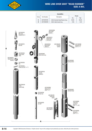 WIRE LINE OVER SHOT "ROAD RUNNER" 
Assemblies 
Weight 
Lbs. Kgs. 
00.00 
0.56 
00.00 
0.20 
Description 
A W/L Overshot Road Runner Assy 
A W/L Cable Swivel Assy 
Group Part Number 
A 
B 
42015001005 
42013002000 
SIZE: A W/L 
42013003010 
Wire rope 
thimble (3/16") 
42013003015 
Eye bolt 
42013003020 
Cable swivel 
collar 
42013003025 
Needle thrust 
bearing 
42013003030 
Nut 
42013003035 
Cotter pin (3/32" x 1") 
42025002000 
Road runner assy 
42013004100 
Jar tube 
weldment 
42013003200 
Cable 
swivel body 
B 
42013003400 
Locking sleeve 
42023003600 
Overshot head 
42013003900 
Spring pin (2) 
(3/16" x 1") 
42013003900 
Spring pin 
(3/16" x 1") 
A 
B-14 
34025003004 
Bolt socket 
head (3) 
34025003012 
Road runner 
bearing (3) 
34025003030 
Road runner 
wheel (3) 
42013003300 
Self lock nut 
42013003500 
Jar staff 
42013003700 
Lifting dog 
spring 
42013003900 
Spring pin (2) 
(3/16" x 1") 
42013004000 
Lifting dog (2) 
42013003800 
Lifting dog 
pivot pin 
(3/8" x 1 1/8") 
42013004200 
Jar head 
bottom 
Copyright © 2006 Diamantina Christensen. All rights reserved. No part of this catalogue may be produced, by any means, without the prior written permission. 
 