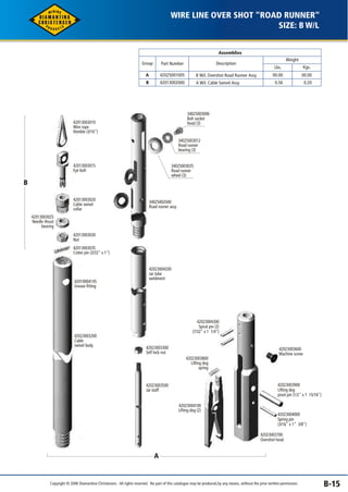 WIRE LINE OVER SHOT "ROAD RUNNER" 
Assemblies 
Weight 
Lbs. Kgs. 
00.00 
0.56 
00.00 
0.20 
Description 
B W/L Overshot Road Runner Assy 
A W/L Cable Swivel Assy 
Group Part Number 
A 
B 
42025001005 
42013002000 
SIZE: B W/L 
B 
A 
B-15 
42013003010 
Wire rope 
thimble (3/16") 
42013003015 
Eye bolt 
42013003020 
Cable swivel 
collar 
42013003025 
Needle thrust 
bearing 
42013003030 
Nut 
42013003035 
Cotter pin (3/32" x 1") 
34025002040 
Road runner assy 
42023004200 
Jar tube 
weldment 
42023003200 
Cable 
swivel body 
42023003600 
Machine screw 
42023004000 
Spring pin 
(3/16" x 1" 3/8") 
34025003006 
Bolt socket 
head (3) 
34025003012 
Road runner 
bearing (3) 
34025003035 
Road runner 
wheel (3) 
42023003300 
Self lock nut 
42023003500 
Jar staff 
42023004300 
Spiral pin (2) 
(7/32" x 1 1/4") 
42023003800 
Lifting dog 
spring 
42023004100 
Lifting dog (2) 
42023003900 
Lifting dog 
pivot pin (1/2" x 1 15/16") 
42010004145 
Grease fitting 
42023003700 
Overshot head 
Copyright © 2006 Diamantina Christensen. All rights reserved. No part of this catalogue may be produced, by any means, without the prior written permission. 
 