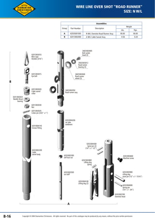 WIRE LINE OVER SHOT "ROAD RUNNER" 
Assemblies 
Weight 
Lbs. Kgs. 
00.00 
0.56 
00.00 
0.20 
Description 
N W/L Overshot Road Runner Assy 
A W/L Cable Swivel Assy 
Group Part Number 
A 
B 
42035001005 
42013002000 
SIZE: N W/L 
B 
A 
B-16 
42013003010 
Wire rope 
thimble (3/16") 
42013003015 
Eye bolt 
42013003020 
Cable swivel 
collar 
42013003025 
Needle thrust 
bearing 
42013003030 
Nut 
42013003035 
Cotter pin (3/32" x 1") 
34025002050 
Road runner assy 
42033004200 
Jar tube 
weldment 
42033003200 
Cable 
swivel body 
42023003600 
Machine screw 
42033004000 
Spring pin 
(1/4" x 1 3/4") 
34025003005 
Bolt socket 
head (3) 
34025003012 
Road runner 
bearing (3) 
34025003040 
Road runner 
wheel (3) 
42033003300 
Self lock nut 
42033003500 
Jar staff 
42033004300 
Spiral pin (2) 
(1/4" x 1 1/2") 
42023003800 
Lifting dog 
spring 
42033004100 
Lifting dog (2) 
42033003900 
Lifting dog 
pivot pin (1/2" x 1 15/16") 
42010004145 
Grease fitting 
42033003700 
Overshot head 
Copyright © 2006 Diamantina Christensen. All rights reserved. No part of this catalogue may be produced, by any means, without the prior written permission. 
 