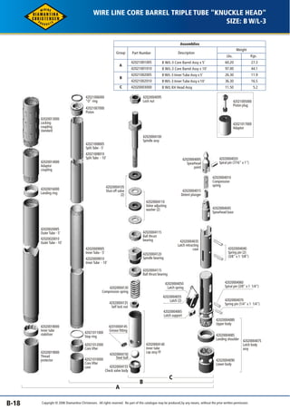 WIRE LINE CORE BARREL TRIPLE TUBE "KNUCKLE HEAD" 
SIZE: B W/L-3 
B-18 
Assemblies 
Weight 
Lbs. Kgs. 
60.20 
97.00 
26.30 
36.30 
11.50 
Description 
B W/L-3 Core Barrel Assy x 5' 
B W/L-3 Core Barrel Assy x 10' 
B W/L-3 Inner Tube Assy x 5' 
B W/L-3 Inner Tube Assy x 10' 
B W/L KH Head Assy. 
Group Part Number 
A 
B 
C 
42021001005 
42021001010 
42021002005 
42021002010 
42020003000 
27.3 
44.1 
11.9 
16.5 
5.2 
42020013000 
Locking 
coupling 
standard 
42020014000 
Adaptor 
coupling 
42020016000 
Landing ring 
42020020005 
Outer Tube - 5' 
42020020010 
Outer Tube - 10' 
42020018000 
Inner tube 
stabilizer 
42020019000 
Thread 
protector 
42021006000 
"O" ring 
42021008005 
Split Tube - 5' 
42021008010 
Split Tube - 10' 
42020009005 
Inner Tube - 5' 
42021011000 
Stop ring 
42021012000 
Core lifter 
42021010000 
Core lifter 
case 
42020004105 
Shut-off valve 
(2) 
42020004130 
Compression spring 
42020004135 
Self lock nut 
42010004145 
Grease fitting 
42020004155 
Check valve body 
42020004095 
Lock nut 
42020004110 
Valve adjusting 
washer (2) 
42020004115 
Ball thrust 
bearing 
42020004120 
Spindle bearing 
42020004115 
Ball thrust bearing 
42020004140 
Inner tube 
cap assy FF 
42021005000 
Piston plug 
42020004045 
Spearhead base 
42020004040 
Spring pin (2) 
(3/8" x 1 5/8") 
42020004100 
Spindle assy 
42020004020 
Spiral pin (7/16" x 1") 
42020004010 
Compression 
spring 
42020004050 
Latch spring 
42020004055 
Latch (2) 
42020004065 
Latch support 
42020004060 
Spiral pin (3/8" x 1 1/4") 
42020004070 
Spring pin (1/4" x 1 1/4") 
42020004080 
Upper body 
42020004090 
Lower body 
42020004150 
Steel ball 
42021017000 
Adaptor 
42020004005 
Spearhead 
point 
42020004015 
Detent plunger 
42020004035 
Latch retracting 
case 
42020004085 
Landing shoulder 
42020004075 
Latch body 
assy 
A 
B 
C 
42021007000 
Piston 
42020009010 
Inner Tube - 10' 
Copyright © 2006 Diamantina Christensen. All rights reserved. No part of this catalogue may be produced, by any means, without the prior written permission. 
 