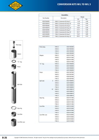 CONVERSION KITS W/L TO W/L 3 
B-26 
Assemblies 
Weight 
Lbs. Kgs. 
Description 
B W/L 3 Conversion Kit Assy 5' 
B W/L 3 Conversion Kit Assy 10' 
N W/L 3 Conversion Kit Assy 5' 
N W/L 3 Conversion Kit Assy 10' 
H W/L 3 Conversion Kit Assy 5' 
H W/L 3 Conversion Kit Assy 10' 
P W/L 3 Conversion Kit Assy 5' 
P W/L 3 Conversion Kit Assy 10' 
Part Number 
42021003005 
42021003010 
42031003005 
42031003010 
42041003005 
42041003010 
42051003005 
42051003010 
5.74 
9.74 
9.07 
14.07 
13.11 
18.11 
15.01 
20.01 
2.60 
4.40 
4.10 
6.40 
5.90 
8.20 
6.80 
9.10 
Piston plug B W/L 3 
N W/L 3 
H W/L 3 
P W/L 3 
42021005000 
42021005000 
42021005000 
42021005000 
Adapter B W/L 3 
N W/L 3 
H W/L 3 
P W/L 3 
42021017000 
42031017000 
42041017000 
42051017000 
"O" ring B W/L 3 
N W/L 3 
H W/L 3 
P W/L 3 
42021006000 
42031006000 
42041006000 
42051006000 
Piston B W/L 3 
N W/L 3 
H W/L 3 
P W/L 3 
42021007000 
42031007000 
42041007000 
42051007000 
Split tube 5' B W/L 3 
N W/L 3 
H W/L 3 
P W/L 3 
42021008005 
42031008005 
42041008005 
42051008005 
B W/L 3 
N W/L 3 
H W/L 3 
P W/L 3 
42021008010 
42031008010 
42041008010 
42051008010 
Stop ring B W/L 3 
N W/L 3 
H W/L 3 
P W/L 3 
42021011000 
42031011000 
42041011000 
42051011000 
10' 
Core lifter B W/L 3 
N W/L 3 
H W/L 3 
P W/L 3 
42021012000 
42031012000 
42041012000 
42051012000 
Core lifter case B W/L 3 
N W/L 3 
H W/L 3 
P W/L 3 
42021010000 
42031010000 
42041010000 
42051010000 
Piston plug 
Adaptor 
"O" ring 
Piston 
Split tube 
Stop ring 
Core lifter 
Core lifter case 
Copyright © 2006 Diamantina Christensen. All rights reserved. No part of this catalogue may be produced, by any means, without the prior written permission. 
 