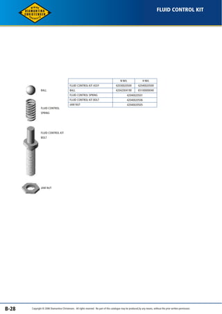 FLUID CONTROL KIT 
B-28 
FLUID CONTROL KIT ASSY 
BALL 
FLUID CONTROL SPRING 
FLUID CONTROL KIT BOLT 
JAM NUT 
N W/L 
42030020500 
42042004190 
H W/L 
42040020500 
65100000040 
42040020501 
42040020506 
42040020505 
BALL 
FLUID CONTROL 
SPRING 
FLUID CONTROL KIT 
BOLT 
JAM NUT 
Copyright © 2006 Diamantina Christensen. All rights reserved. No part of this catalogue may be produced, by any means, without the prior written permission. 
 