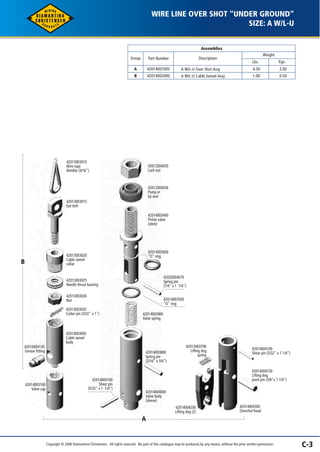 WIRE LINE OVER SHOT "UNDER GROUND" 
Assemblies 
Weight 
Lbs. Kgs. 
4.30 
1.00 
2.00 
0.50 
Description 
A W/L-U Over Shot Assy 
A W/L-U Cable Swivel Assy 
Group Part Number 
A 
B 
42014001005 
42014002000 
SIZE: A W/L-U 
42013003010 
Wire rope 
thimble (3/16") 
42013003015 
Eye bolt 
42010004145 
Grease fitting 
42013003020 
Cable swivel 
collar 
42013003030 
Nut 
42012004030 
Lock nut 
42012004036 
Pump-in 
lip seal 
42014003400 
Piston valve 
(stem) 
42014003005 
Cable swivel 
body 
42013003700 
Lifting dog 
spring 
42014003800 
Spring pin 
(3/16" x 3/4") 
42014004000 
Valve body 
(sleeve) 
42014004100 
Shear pin (5/32" x 1 1/4") 
42014004150 
Lifting dog 
pivot pin (3/8"x 1 1/4") 
42014004300 
Overshot head 
42013003035 
Cotter pin (3/32" x 1") 
42014003100 
Valve cap 
42013003025 
Needle thrust bearing 
42014003600 
"O" ring 
42020004070 
Spring pin 
(1/4" x 1 1/4") 
42014003500 
"O" ring 
42014003900 
Valve spring 
42014004100 
Shear pin 
(5/32" x 1 1/4") 
42014004200 
Lifting dog (2) 
A 
B 
Copyright © 2006 Diamantina Christensen. All rights reserved. No part of this catalogue may be produced, by any means, without the prior written permission. C-3 
 