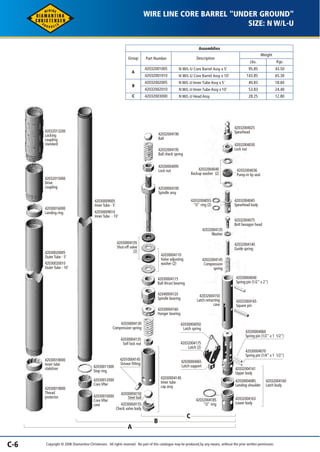 42032013200 
Locking 
coupling 
standard 
42032015000 
Drive 
coupling 
42030016000 
Landing ring 
42030020005 
Outer Tube - 5' 
42030020010 
Outer Tube - 10' 
42030018000 
Inner tube 
stabilizer 
42030019000 
Thread 
protector 
42030009005 
Inner Tube - 5' 
42030009010 
Inner Tube - 10' 
42030011000 
Stop ring 
42030012000 
Core lifter 
42030010000 
Core lifter 
case 
42030004105 
Shut-off valve 
(2) 
42030004130 
Compression spring 
42030004135 
Self lock nut 
42010004145 
Grease fitting 
42030004155 
Check valve body 
WIRE LINE CORE BARREL "UNDER GROUND" 
42032004190 
Ball 
42032004195 
Ball check spring 
42030004095 
Lock nut 
42030004110 
Valve adjusting 
washer (2) 
42030004115 
Ball thrust bearing 
42040004120 
Spindle bearing 
42030004160 
Hanger bearing 
42030004140 
Inner tube 
cap assy 
42032004150 
Latch retracting 
case 
42032004025 
Spearhead 
42032004075 
Bolt hexagon head 
42032004140 
Guide spring 
42030004040 
Spring pin (1/2" x 2") 
Assemblies 
Weight 
Lbs. Kgs. 
95.85 
143.85 
40.83 
53.83 
28.25 
43.50 
65.30 
18.60 
24.40 
12.80 
Description 
N W/L-U Core Barrel Assy x 5' 
N W/L-U Core Barrel Assy x 10' 
N W/L-U Inner Tube Assy x 5' 
N W/L-U Inner Tube Assy x 10' 
N W/L-U Head Assy 
Group Part Number 
A 
B 
C 
42032001005 
42032001010 
42032002005 
42032002010 
42032003000 
SIZE: N W/L-U 
42030004100 
Spindle assy 
42032004036 
Pump-in lip seal 
42032004045 
Spearhead body 
42032004135 
Washer 
42032004165 
Square pin 
42030004050 
Latch spring 
42032004175 
Latch (2) 
42030004065 
Latch support 
42030004060 
Spring pin (1/2" x 1 1/2") 
42030004070 
Spring pin (1/4" x 1 1/2") 
42032004161 
Upper body 
42032004163 
Lower body 
42032004185 
"O" ring 
42030004150 
Steel ball 
42032004030 
Lock nut 
42032004040 
Backup washer (2) 
42032004055 
"O" ring (2) 
42032004145 
Compression 
spring 
42030004085 
Landing shoulder 
42032004160 
Latch body 
A 
B 
C 
C-6 Copyright © 2006 Diamantina Christensen. All rights reserved. No part of this catalogue may be produced, by any means, without the prior written permission. 
 