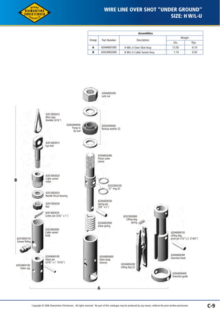 WIRE LINE OVER SHOT "UNDER GROUND" 
Assemblies 
Weight 
Lbs. Kgs. 
13.50 
1.14 
6.10 
0.50 
Description 
H W/L-U Over Shot Assy 
B W/L-U Cable Swivel Assy 
Group 
Part Number 
A 
B 
42044001005 
42024002000 
SIZE: H W/L-U 
42013003010 
Wire rope 
thimble (3/16") 
42013003015 
Eye bolt 
42010004145 
Grease fitting 
42013003020 
Cable swivel 
collar 
42013003030 
Nut 
42044003200 
Lock nut 
42042004040 
Backup washer (2) 
42044003400 
Piston valve 
(stem) 
42024003005 
Cable swivel 
body 
42023003800 
Lifting dog 
spring 
42044004000 
Valve body 
(sleeve) 
42044004150 
Lifting dog 
pivot pin (1/2"x 2 21/64") 
42044004300 
Overshot head 
42013003035 
Cotter pin (3/32" x 1") 
42024003100 
Valve cap 
42013003025 
Needle thrust bearing 
42032004185 
"O" ring (2) 
42044004500 
Spring pin 
(3/8" x 2") 
42044003900 
Valve spring 
42044004100 
Shear pin 
(3/16" x 1 15/16") 
42044004200 
Lifting dog (2) 
42042004036 
Pump-in 
lip seal 
42044004400 
Overshot guide 
B 
A 
C-9 
Copyright © 2006 Diamantina Christensen. All rights reserved. No part of this catalogue may be produced, by any means, without the prior written permission. 
 