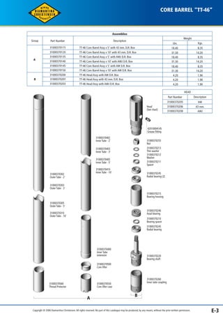 Assemblies 
Weight 
Lbs. Kgs. 
Description 
TT-46 Core Barrel Assy x 5’ with 43 mm. D.R. Box 
Group Part Number 
31000370115 
CORE BARREL "TT-46” 
A 
31000370120 
31000370135 
31000370140 
31000370145 
31000370150 
31000370200 
31000370201 
31000370203 
TT-46 Core Barrel Assy x 10’ with 43 mm. D.R. Box 
TT-46 Core Barrel Assy x 5’ with AWJ D.R. Box 
TT-46 Core Barrel Assy x 10’ with AWJ D.R. Box 
TT-46 Core Barrel Assy x 5’ with AW D.R. Box 
TT-46 Core Barrel Assy x 10’ with AW D.R. Box 
TT-46 Head Assy with AW D.R. Box 
TT-46 Head Assy with 43 mm. D.R. Box 
TT-46 Head Assy with AWJ D.R. Box 
A 
B 
18.40 8.35 
31.30 14.20 
18.40 8.35 
31.30 14.20 
18.40 8.35 
31.30 14.20 
4.20 1.90 
4.20 1.90 
4.20 1.90 
31000370402 
Inner Tube - 2’ 
31000370403 
Inner Tube - 3’ 
31000370405 
Inner Tube - 5’ 
31000370410 
Inner Tube - 10’ 
31000370302 
Outer Tube - 2’ 
31000370303 
Outer Tube - 3’ 
31000370305 
Outer Tube - 5’ 
31000370310 
Outer Tube - 10’ 
31000370400 
Inner Tube 
extension 
31000370500 
Core lifter 
31000370550 
Core lifter case 
Head 
(See chart) 
42010004145 
Grease fitting 
31000370255 
Nut 
31000370213 
Thin washer 
31000370212 
Washer 
31000370211 
Spacer 
31000370245 
Radial bearing (2) 
31000370215 
Bearing housing 
31000370240 
Axial bearing 
31000370210 
Bearing spacer 
31000370245 
Radial bearing 
31000370220 
Bearing shaft 
31000370260 
Inner tube coupling 
Description 
AW 
Part Number 
31000370205 
31000370206 
31000370208 
43 mm. 
AWJ 
HEAD 
B 
31000370560 
Thread Protector 
Copyright © 2006 Diamantina Christensen. All rights reserved. No part of this catalogue may be produced, by any means, without the prior written permission. E-3 
 