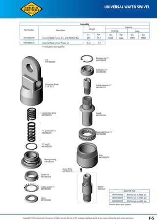 UNIVERSAL WATER SWIVEL 
Capacity 
Rotating Static 
Lbs. Kgs. Lbs. Kgs. 
11000 5000 25000 11400 
ADAPTER SUB 
34030500504 BW Rod pin to BW/L pin 
34030500604 
34030500704 
BW Rod pin to NW/L pin 
BW Rod pin to HW/L pin 
Another sizes upon request 
Universal Water Swivel Assy with 5W Rod Box 
Universal Water Swivel Repair Kit 
(*) Included in the repair kit 
Cap 
44010002005 
Compression spring 
44010002010 
“V” packing set (*) 
44010002015 
Spindle nut 
44010002030 
Spacer 
44010002040 
Lbs. Kgs. 
31.5 
14.3 
1.7 
Retaining ring (*) 
44010002045 
Adapter 
(Optional) 
Description 
Connection thread 
1 1/4’’ N.P.T. 
“0” ring (*) 
44010002020 
Packing housing 
44010002025 
Locking washer (*) 
44010002035 
Ball bearing (*) 
44010002050 
Spindle extension 
44010002055 
(*) 
Spindle 
44010002060 
Bearing ball thrust (*) 
44010002065 
Body 
44010002070 
Grease fitting 
42010004145 
Assembly 
Weight 
3.74 
Part Number 
44010002000 
44010002075 
Copyright © 2006 Diamantina Christensen. All rights reserved. No part of this catalogue may be produced, by any means, without the prior written permission. F-5 
 
