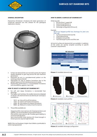 A-2 
SURFACE-SET DIAMOND BITS 
HOW TO ORDER A SURFACE-SET DIAMOND BIT? 
Ordering code: 
1. Bit size (Chart 1, page A-8) 
2. Diamond size (Picture 1) 
3. Crown profile (Picture 2) 
4. Discharge configuration (Picture 3) 
Example: 
HQ 25 spc Stepped profile Face discharge for pilot core 
lifter case 
• Surface-set diamond bit size HQ 
• 25 spc diamond size 
• Stepped crown profile 
• Face discharge for pilot core lifter case 
All kind of surface-set diamond bits are available. In addition, 
all the orders are warmly accepted according to specific 
customer's requirements 
Bit Selection 
ROCK HARDNESS 
VERY SOFT SOFT SOFT / MEDIUM MEDIUM MEDIUM / HARD 
ROCK FEATURES 
Very abrasive Medium Abrasiveness 
Coarse Grain Medium Grain 
Very Fractured Fractured Fractured to competent 
10-15 spc 
15-25 spc 
25-40 spc 
Picture 1: Available diamond sizes 
A. STEPPED PROFILE B. PILOT PROFILE C. SEMI-ROUND PROFILE 
Picture 2: Available crown profiles 
STANDARD CORE LIFTER CASE PILOT CORE LIFTER CASE 
A. REGULAR DISCHARGE B. FACE DISCHARGE C. FACE DISCHARGE 
Picture 3: Available discharges configuration 
GENERAL DESCRIPTION 
Diamantina Christensen introduces the latest generation of 
surface-set diamond core bits utilized for the geological 
exploration industry 
40-60 spc 
• Surface-set diamond bits are manufactured by the highest 
quality standards to give long service life and maximum 
penetration 
• Diamonds are set in a pre-determined pattern on the 
working surfaces of the bit 
• Appropiate for soft to medium formations due to the 
greater exposure of the individual diamond crystals. 
• Outstanding performance in unconsolidated formations 
such as sandstone, gypsum, clay or talc. 
HOW TO SELECT A SURFACE-SET DIAMOND BIT? 
• For soft and clayey formations is recomended face 
discharge 
• The higher rock hardness, the smaller diamond embbeded 
on the bit. The diamond stone size (Stones per carat [spc] ) 
available are 
- 10/15 spc: Very soft to soft formations 
- 15/25 spc: Soft to soft medium formations 
- 25/40 spc: Soft medium to medium formations 
- 40/60 spc: Medium to medium hard formations 
• The profiles available are: 
Stepped profile crown (picture 2A): Good penetration and 
stability, not recommended in fractured formations. 
Pilot profile crown (picture 2B): Provides good stability to 
minimize hole deviation. 
Semi-round profile crown (picture 2C): Good strength in 
broken ground, requires high bit loads. 
NOTE If the rock hardness is higher than 6 Mohs is preferable to 
use an impregnated bit 
Copyright © 2006 Diamantina Christensen. All rights reserved. No part of this catalogue may be produced, by any means, without the prior written permission. 
 