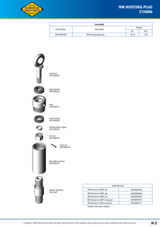 Assembly 
NW HOISTING PLUG 
21500lb 
Weight 
Lbs. Kgs. 
16.70 7.60 
Description 
NW Hosting plug Assy 
Part Number 
34015002000 
NW Rod pin to BW/L pin 34030600504 
NW Rod pin to NW/L pin 34030600604 
34030600704 
34030600707 
ADAPTER SUB 
34030600711 
NW Rod pin to HW/L pin 
NW Rod pin to HWT Casing pin 
NW Rod pin to HW Casing pin 
Another sizes upon request 
Swivel eye 
34015002005 
Upper bearing 
34015002025 
Head 
34015002015 
Lower bearing 
34015002030 
Bearing washer support 
34015002020 
Lock nut 
34015002035 
Cotter pin 
34015002040 
Body NW box thread 
34015002010 
Adapter (Optional) 
(See chart) 
Copyright © 2006 Diamantina Christensen. All rights reserved. No part of this catalogue may be produced, by any means, without the prior written permission. H-3 
 