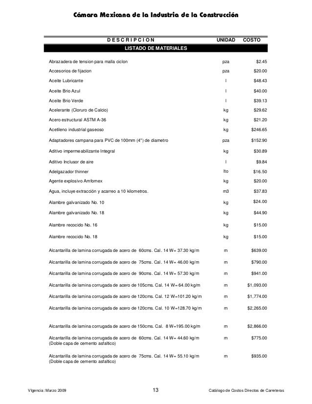 Catalogo de costos carreteras