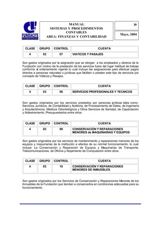 MANUAL                                                    39
                                                                                       3
                    SISTEMAS Y PROCEDIMIENTOS                                           9
                            CONTABLES
                                                                             Mayo, 2004
                  AREA: FINANZAS Y CONTABILIDAD


  CLASE      GRUPO      CONTROL                            CUENTA
     4          03           07        VIATICOS Y PASAJES

Son gastos originados por la asignación que se otorgan a los empleados y obreros de la
Fundación con motivo de la prestación de los servicios fuera del lugar habitual de trabajo
conforme al ordenamiento vigente lo cual incluye las asignaciones para efectuar pagos
directos a personas naturales o jurídicas que faciliten o presten este tipo de servicios por
concepto de Viáticos y Pasajes.


  CLASE      GRUPO      CONTROL                            CUENTA
     4          03           08        SERVICIOS PROFESIONALES Y TECNICOS


Son gastos originados por los servicios prestados por personas urídicas tales como:
                                                                     j
Servicios Jurídicos, de Contabilidad y Auditoria, de Procesamiento de Datos, de Ingeniería
y Arquitectónicos, Médicos Odontológicos y Otros Servicios de Sanidad, de Capacitación
y Adiestramiento, Presupuestarios entre otros.


  CLASE      GRUPO      CONTROL                            CUENTA
     4          03           09        CONSERVACIÓN Y REPARACIONES
                                       MENORES de MAQUINARIAS Y EQUIPOS

Son gastos originados por los servicios de mantenimiento y reparaciones menores de los
equipos y maquinarias de la institución a efectos de su normal funcionamiento, lo cual
incluye: La Conservación y Reparación de Equipos y Maquinarias de Transporte,
Telecomunicaciones, de Oficina y Alojamiento de Computación entre otros.


  CLASE      GRUPO      CONTROL                            CUENTA
     4          03           10        CONSERVACIÓN Y REPARACIONES
                                       MENORES DE INMUEBLES


Son gastos originados por los Servicios de Conservación y Reparaciones Menores de los
Inmuebles de la Fundación que tiendan a conservarlos en condiciones adecuadas para su
funcionamiento.
 