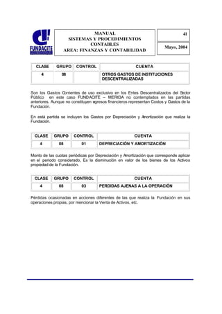 MANUAL                                                41
                                                                                  4
                   SISTEMAS Y PROCEDIMIENTOS                                       1
                           CONTABLES
                                                                        Mayo, 2004
                 AREA: FINANZAS Y CONTABILIDAD


  CLASE       GRUPO     CONTROL                          CUENTA
     4          08                    OTROS GASTOS DE INSTITUCIONES
                                      DESCENTRALIZADAS


Son los Gastos Corrientes de uso exclusivo en los Entes Descentralizados del S    ector
Público en este caso FUNDACITE – MERIDA no contemplados en las partidas
anteriores. Aunque no constituyen egresos financieros representan Costos y Gastos de la
Fundación.

En está partida se incluyen los Gastos por Depreciación y A
                                                          mortización que realiza la
Fundación.


  CLASE     GRUPO      CONTROL                          CUENTA
     4         08          01        DEPRECIACIÓN Y AMORTIZACIÒN

Monto de las cuotas periódicas por Depreciación y Amortización que corresponde aplicar
en el periodo considerado, Es la disminución en valor de los bienes de los Activos
propiedad de la Fundación.


  CLASE     GRUPO      CONTROL                          CUENTA
     4         08          03        PERDIDAS AJENAS A LA OPERACIÓN

Pérdidas ocasionadas en acciones diferentes de las que realiza la Fundación en sus
operaciones propias, por mencionar la Venta de Activos, etc.
 