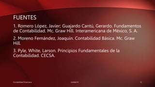 FUENTES
1. Romero López, Javier; Guajardo Cantú, Gerardo. Fundamentos
de Contabilidad. Mc. Graw Hill. Interamericana de México, S. A.
2. Moreno Fernández, Joaquín. Contabilidad Básica. Mc. Graw
Hill.
3. Pyle, White, Larson. Principios Fundamentales de la
Contabilidad. CECSA.
Contabilidad Financiera Unidad IV 13
 