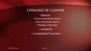 CATALOGO DE CUENTAS
Elaboro:
– Micaela Hernández Martin
– Erika Hernández Martin
– Madaley Uribe Rojo
• Unidad IV
• Contabilidad Financiera
Contabilidad Financiera Unidad IV 14
 