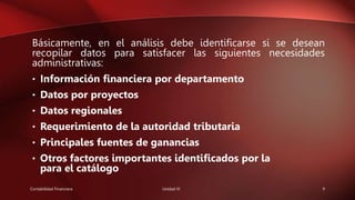 Básicamente, en el análisis debe identificarse si se desean
recopilar datos para satisfacer las siguientes necesidades
administrativas:
• Información financiera por departamento
• Datos por proyectos
• Datos regionales
• Requerimiento de la autoridad tributaria
• Principales fuentes de ganancias
• Otros factores importantes identificados por la
para el catálogo
Contabilidad Financiera Unidad IV 9
 