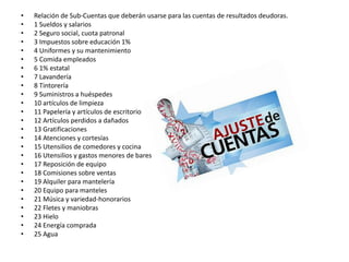 • Relación de Sub-Cuentas que deberán usarse para las cuentas de resultados deudoras.
• 1 Sueldos y salarios
• 2 Seguro social, cuota patronal
• 3 Impuestos sobre educación 1%
• 4 Uniformes y su mantenimiento
• 5 Comida empleados
• 6 1% estatal
• 7 Lavandería
• 8 Tintorería
• 9 Suministros a huéspedes
• 10 artículos de limpieza
• 11 Papelería y artículos de escritorio
• 12 Artículos perdidos a dañados
• 13 Gratificaciones
• 14 Atenciones y cortesías
• 15 Utensilios de comedores y cocina
• 16 Utensilios y gastos menores de bares
• 17 Reposición de equipo
• 18 Comisiones sobre ventas
• 19 Alquiler para mantelería
• 20 Equipo para manteles
• 21 Música y variedad-honorarios
• 22 Fletes y maniobras
• 23 Hielo
• 24 Energía comprada
• 25 Agua
 