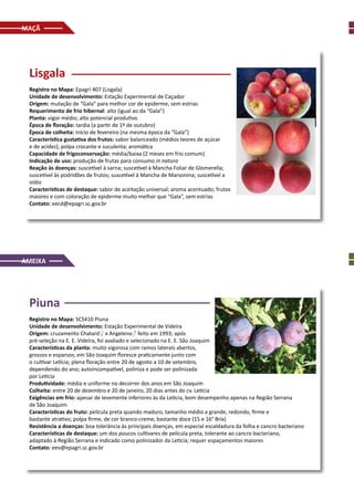 MAÇÃ
Lisgala
Registro no Mapa: Epagri 407 (Lisgala)
Unidade de desenvolvimento: Estação Experimental de Caçador
Origem: mutação de “Gala” para melhor cor de epiderme, sem estrias
Requerimento de frio hibernal: alto (igual ao da “Gala”)
Planta: vigor médio; alto potencial produtivo
Época de floração: tardia (a partir de 1º de outubro)
Época de colheita: início de fevereiro (na mesma época da “Gala”)
Característica gustativa dos frutos: sabor balanceado (médios teores de açúcar
e de acidez); polpa crocante e suculenta; aromática
Capacidade de frigoconservação: média/baixa (2 meses em frio comum)
Indicação de uso: produção de frutas para consumo in natura
Reação às doenças: suscetível à sarna; suscetível à Mancha Foliar de Glomerella;
suscetível às podridões de frutos; suscetível à Mancha de Marsonina; suscetível a
oídio
Características de destaque: sabor de aceitação universal; aroma acentuado; frutos
maiores e com coloração de epiderme muito melhor que “Gala”, sem estrias
Contato: eecd@epagri.sc.gov.br
Piuna
Registro no Mapa: SCS410 Piuna
Unidade de desenvolvimento: Estação Experimental de Videira
Origem: cruzamento Chatard♀ x Angeleno♂ feito em 1993; após
pré-seleção na E. E. Videira, foi avaliado e selecionado na E. E. São Joaquim
Características da planta: muito vigorosa com ramos laterais abertos,
grossos e esparsos; em São Joaquim floresce praticamente junto com
o cultivar Letícia; plena floração entre 20 de agosto a 10 de setembro,
dependendo do ano; autoincompatível, poliniza e pode ser polinizada
por Letícia
Produtividade: média e uniforme no decorrer dos anos em São Joaquim
Colheita: entre 20 de dezembro e 20 de janeiro, 20 dias antes do cv. Letícia
Exigências em frio: apesar de levemente inferiores às da Letícia, bom desempenho apenas na Região Serrana
de São Joaquim
Características do fruto: película preta quando maduro, tamanho médio a grande, redondo, firme e
bastante atrativo; polpa firme, de cor branco-creme, bastante doce (15 e 16° Brix)
Resistência a doenças: boa tolerância às principais doenças, em especial escaldadura da folha e cancro bacteriano
Características de destaque: um dos poucos cultivares de película preta, tolerante ao cancro bacteriano,
adaptado à Região Serrana e indicado como polinizador da Letícia; requer espaçamentos maiores
Contato: eev@epagri.sc.gov.br
AMEIXA
 