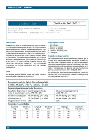 30
SISTEMA ARCO MANUAL
INDURA 230 Clasificación AWS: E-6011
¥ Electrodo para acero al carbono
¥ Toda posici n
¥ Corriente continua. Electrodo positivo
¥ Corriente Alterna
¥ Revestimiento: Blanco
¥ Punto: Azul
Descripción
El electrodo tiene un revestimiento de tipo celulósico,
con características similares al tipo E-6010 y formulado
especialmente para obtener soldaduras de óptima cali-
dad con corriente alterna, aunque su fórmula fue desa-
rrollada especialmente para uso con corriente alterna,
también se le puede usar con corriente continua, elec-
trodo positivo. Su revestimiento celulósico produce una
atmósfera gaseosa neutra, que protege el metal duran-
te su fusión y al mismo tiempo produce escoria sufi-
ciente para eliminar las impurezas. Los cordones de-
positados por estos electrodos son de calidad
radiográfica.
Usos
En general las aplicaciones de los electrodos 230 son
similares a las de el electrodo E-6010.
Aplicaciones típicas
• Estructuras
• Cascos de barcos
• Relleno de piezas
• Cañerías de oleoductos
• Estanques
Procedimiento para soldar
La fuerte penetración de estos electrodos permite que el
cordón de la soldadura tome los elementos de aleación
de metal base, obteniéndose así un cordón de propieda-
des mecánicas superiores a las del metal base. Son elec-
trodos especialmente apropiados para soldaduras verti-
cales y sobrecabeza. En general las recomendaciones
para su uso son similares a las del tipo E-6010.
En soldaduras verticales el movimiento de vaivén no
necesita ser muy pronunciado, usando una longitud de
arco y amperaje apropiado.
Composición química (típica) del metal depositado:
C 0,10%; Mn 0,55%; P 0,01%; S 0,02%; Si 0,24%
Características típicas del metal depositado:
Resultados de pruebas de tracción con probetas de Requerimientos según norma
metal de aporte (según norma AWS: A5.1-91): AWS: A5.1-91:
Resistencia a la tracción : 66.800 lb/pulg2
(461 MPa) 60.000 lb/pulg2
(414 MPa)
Límite de fluencia : 59.700 lb/pulg2
(412 MPa) 48.000 lb/pulg2
(331 MPa)
Alargamiento en 50 mm. : 28% 22%
Amperajes recomendados:
Diámetro Electrodo Longitud Electrodo Amperaje Electrodos
pulg. mm. pulg. mm. min. máx. x kg. aprox.
3/32 2,4 12 300 50 90 81
1/8 3,2 14 350 80 120 37
5/32 4,0 14 350 120 160 26
3/16 4,8 14 350 140 220 18
Manual pag 025-073 ok 1/10/02, 18:5830
 