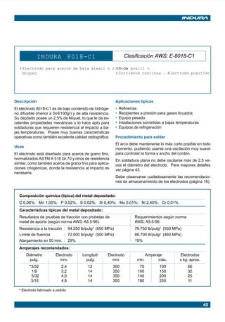 45
INDURA 8018-C1 Clasificación AWS: E-8018-C1
¥ Electrodo para aceros de baja aleaci n 2.5% de
Niquel
¥ Toda posici n
¥ Corriente continua . Electrodo positivo
Descripción
El electrodo 8018-C1 es de bajo contenido de hidróge-
no difusible (menor a 5ml/100gr) y de alta resistencia.
Su depósito posee un 2,5% de Níquel, lo que le da ex-
celentes propiedades mecánicas y lo hace apto para
soldaduras que requieren resistencia al impacto a ba-
jas temperaturas. Posee muy buenas características
operativas como también excelente calidad radiográfica.
Usos
El electrodo está diseñado para aceros de grano fino,
normalizados ASTM A 516 Gr.70 y otros de resistencia
similar, como también aceros de grano fino para aplica-
ciones criogénicas, donde la resistencia al impacto es
necesaria.
Aplicaciones típicas
• Refinerías
• Recipientes a presión para gases licuados
• Equipo pesado
• Instalaciones sometidas a bajas temperaturas
• Equipos de refrigeración
Procedimiento para soldar
El arco debe mantenerse lo más corto posible en todo
momento, pudiendo usarse una oscilación muy suave
para controlar la forma y ancho del cordón.
En soldadura plana no debe oscilarse más de 2,5 ve-
ces el diámetro del electrodo. Para mayores detalles
ver página 43.
Debe observarse cuidadosamente las recomendacio-
nes de almacenamiento de los electrodos (página 16).
Composición química (típica) del metal depositado:
C 0,06%; Mn 1,00%; P 0,02%; S 0,02%; Si 0,40%; Mo 0,01%; Ni 2,40%; Cr 0,01%
Características típicas del metal depositado:
Resultados de pruebas de tracción con probetas de Requerimientos según norma
metal de aporte (según norma AWS: A5.5-96): AWS: A5.5-96:
Resistencia a la tracción : 94.250 lb/pulg2
(650 MPa) 79.750 lb/pulg2
(550 MPa)
Límite de fluencia : 72.500 lb/pulg2
(500 MPa) 66.700 lb/pulg2
(460 MPa)
Alargamiento en 50 mm. : 29% 19%
Amperajes recomendados:
Diámetro Electrodo Longitud Electrodo Amperaje Electrodos
pulg. mm. pulg. mm. min. máx. x kg. aprox.
*3/32 2,4 12 300 70 100 66
1/8 3,2 14 350 100 150 32
5/32 4,0 14 350 140 200 25
3/16 4,8 14 350 180 250 11
* Electrodo fabricado a pedido
Manual pag 025-073 ok 1/10/02, 18:5845
 