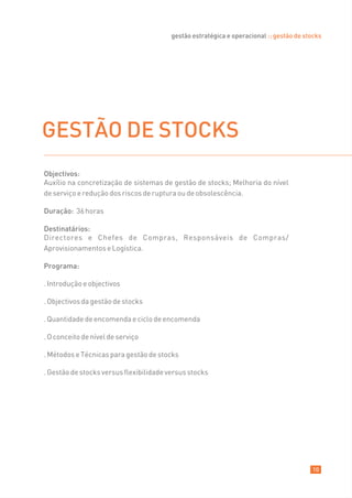 gestão estratégica e operacional :: gestão de stocks




GESTÃO DE STOCKS
Objectivos:
Auxílio na concretização de sistemas de gestão de stocks; Melhoria do nível
de serviço e redução dos riscos de ruptura ou de obsolescência.

Duração: 36 horas

Destinatários:
Directores e Chefes de Compras, Responsáveis de Compras/
Aprovisionamentos e Logística.

Programa:

. Introdução e objectivos

. Objectivos da gestão de stocks

. Quantidade de encomenda e ciclo de encomenda

. O conceito de nível de serviço

. Métodos e Técnicas para gestão de stocks

. Gestão de stocks versus flexibilidade versus stocks




                                                                                         10
 