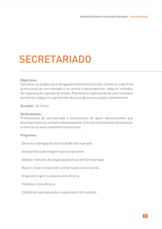 administrativa e recursos humanos :: secretariado




SECRETARIADO
Objectivos:
Conhecer as exigências e obrigações inerentes à função; Conhecer o perfil do
profissional de secretariado e as tarefas a desempenhar; Adquirir métodos
de organização e gestão do tempo; Planificar a organização de uma reunião e
de eventos; Adquirir e aprofundar técnicas de comunicação e atendimento.

Duração: 36 horas

Destinatários:
Profissionais de secretariado e funcionários de apoio administrativo que
desempenhem ou venham a desempenhar a função e pretendam desenvolver
e reforçar as suas competências técnicas.

Programa:

. Deveres e Obrigações da função de Secretariado

. A importância da imagem que se transmite

. Adoptar métodos de organização eficaz em Secretariado

. Reunir, tratar e transmitir a informação oral e escrita

. Organizar e gerir o arquivo com eficácia

. Telefonar com eficácia

. Colaborar na preparação e seguimento de reuniões




                                                                                           59
 