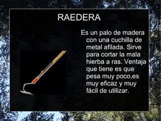 RAEDERA Es un palo de madera con una cuchilla de metal afilada. Sirve para cortar la mala hierba a ras. Ventaja que tiene es que pesa muy poco,es muy eficaz y muy fácil de utilizar. 