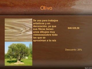 Olivo
Se usa para trabajos
artísticos y en
decoración, ya que
sus fibras tienen
unos dibujos muy
vistosos(sobre todo
las que se
aproximan a la raíz
648.529,56
Descuento: 26%
 